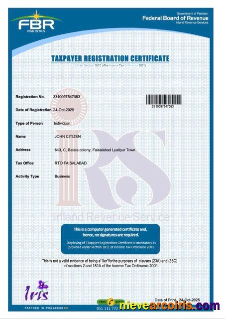 Pakistan taxpayer registration certificate